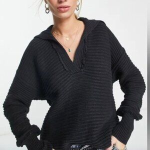 NWT Free People Marlie Deep V Ribbed Sweater in Black